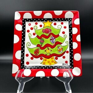 Becca Lisa Unique Creations Handpainted Christmas Tree Square 7" Appetizer Plate